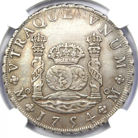 1754 Mexico Pillar Dollar 8 Reales Silver Coin (8R) - Certified NGC AU Details Cover