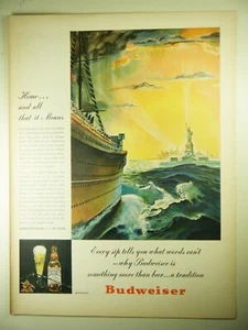 Vintage 1945 BUDWEISER BEER Full Pg Lg Magazine Print Ad: WWII STATUE OF LIBERTY - Picture 1 of 1