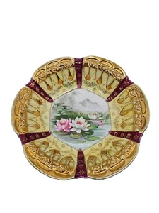 Hand Painted Gilded 6 Scalloped Edged Bowl Water Lilies Victorian Antique Asian - Picture 1 of 12