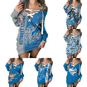 Detroit Lions V-Neck Lace Up Hoodie Dress Womens Pullover Sweatshirt Dress Gift