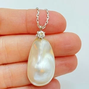 Blister Pearl .24ct Diamond 14k setting Pendant Necklace With 925 Sterling Chain - Picture 1 of 10