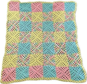 Crocheted Baby Crib Blanket Afghan Pink Yellow Handmade - Picture 1 of 2