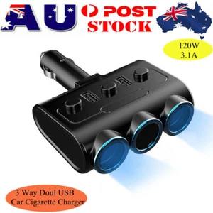 3 Way Doul USB Port Car Cigarette Lighter Socket Splitter Charger Power Adapter - Picture 1 of 7