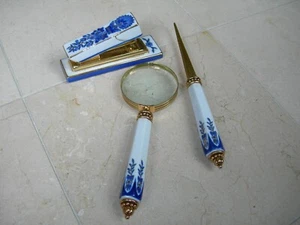 Cobalt Blue & White Porcelain Desk Set, Stapler, Magnifying Glass, Letter Opener - Picture 1 of 9