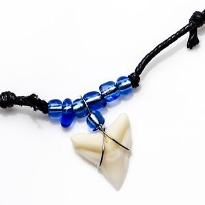 REAL SHARK TOOTH NECKLACE NEON BLUE ELECTRIC GLASS COLOUR BEADED CORD NL  C24