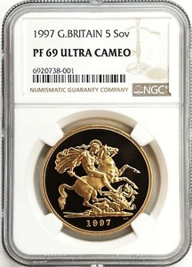 1997 GOLD GREAT BRITAIN 802 MINTED 5 POUNDS SOVEREIGN NGC PROOF 69 ULTRA CAMEO - Picture 1 of 2