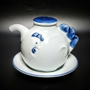 Vintage Chicken Blue & White Soy Fish Sauce Pot With Saucer 3" - Picture 1 of 20