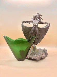 Antike Jugendstil Bronze doppelseitige Damen Vase mit Smaragdglaseinsatz Frau - Bild 1 von 22
