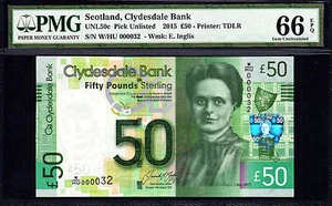 Scotland 50 Pounds 2015 LOW Serial 000037 P-NEW GEM UNC PMG 66 EPQ - Picture 1 of 2