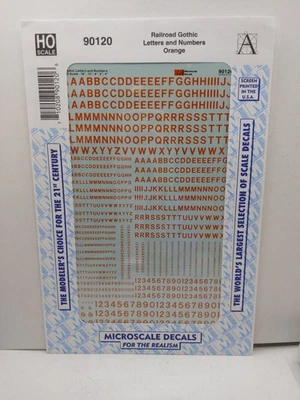 Hoja de calcomanías microescala 90120 escala HO naranja ferrocarril alfabetos góticos y números Foto 1 de 2