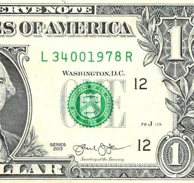 Year Note Isolated 1978 Fancy Serial Number One Dollar Bill L34001978R 2013 - Image 1 of 3