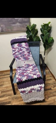 Handmade Finger Knit Chunky Blanket In Purples And Grey With Heart Acents. - Image 1 of 4