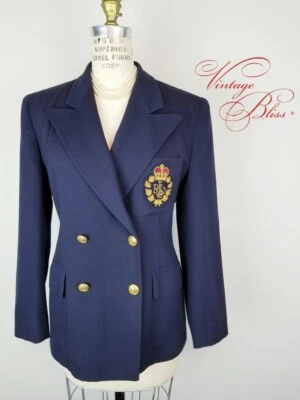 VTG Ralph Lauren Navy Blazer Royal Crest Gold Button Double Breasted Wool * 12P - Image 1 of 4
