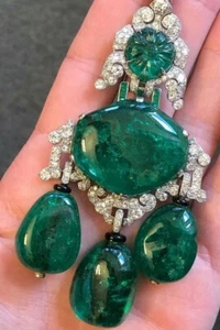 Syn Columbian Emerald Vintage Brooch 925 Sterling Silver High Statement Jewelry - Picture 1 of 3
