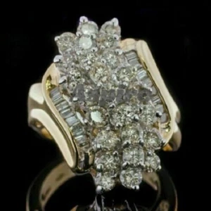 Solid 14k Yellow Gold 3.85ct Round & Baguette Cut Moissanite Engagement Ring - Picture 1 of 5