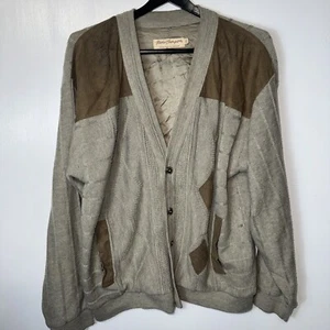 Norm Thompson VTG Cardigan Sweater Size L Brown Suede Trim Cable Knit Wool Read - Picture 1 of 9