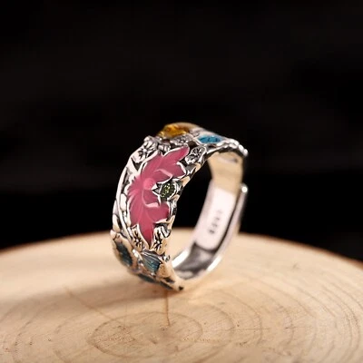 1PC S925 Sterling Silver Band Men Women Enamel Colorful Fish Lotus Ring 4.5g - Image 1 of 4