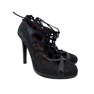 Roberto Cavalli 系带高跟鞋女式 37 黑色专利职业派对学院风正式 — 第 1/4 张图片