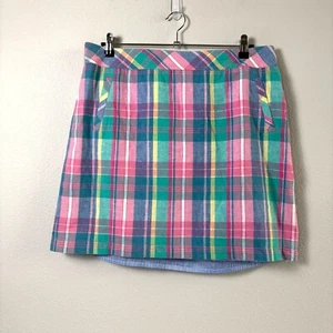 Talbots Mini Skirt Size 14 Pink Green Blue Plaid Linen Blend Zip Preppy Lined - Picture 1 of 7