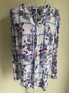 M&Co Women Blouse Top Size 12 White Blue Pink Check Floral Long Sleeved - Picture 1 of 7