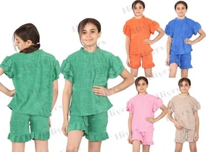 Girls short set Towelling Short sleeve frill short full set co-ord 2 Piece 5-13 - Picture 1 of 14