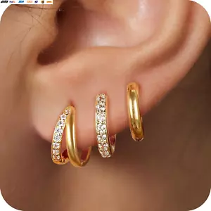 3 Pairs Small Gold Huggie Hoop Earrings Set for Women,14K Gold Plated Hypoallerg - Picture 1 of 7
