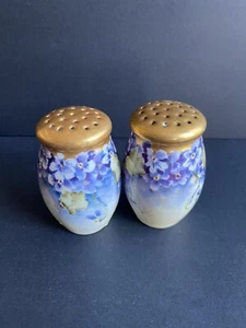 A pair of salt pepper shakers hand painted blue flowers artist signed  vtg - Bild 1 von 4
