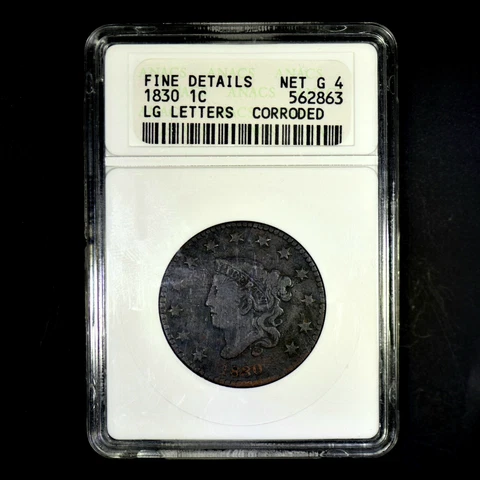 1830 CORONET HEAD LARGE CENT ✪ ANACS FINE F DETAILS ✪ 1C LARGE LETTERS ◢TRUSTED◣ Cover