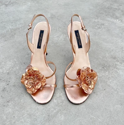 Sergio Rossi | Authentic Gold Metallic Flower Strappy Sandal Slingback Heels(36) - Image 1 of 4