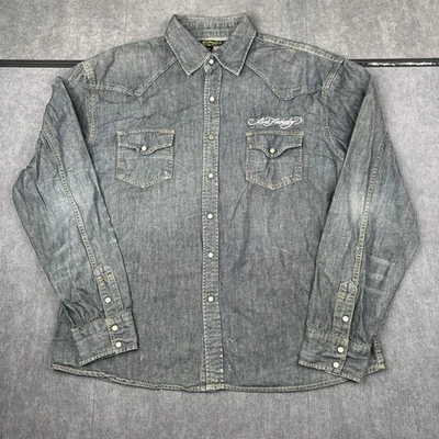 Camisa Ed Hardy Para Hombres Talla 2XL Azul Denim Cambray Botón Frontal Camisa Eboiderada Foto 1 de 4
