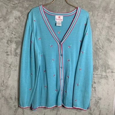 Quacker Factory Cardigan Sz 1X Blue Pink Embroidered Daisy Flowers Lightweight - Image 1 of 4
