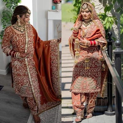 婚礼服装橙色天然绉丝Salwar Kameez女式Dupatta — 第 1/4 张图片
