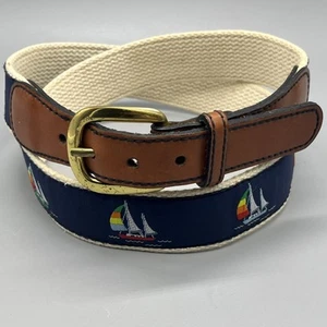 Vintage Canterbury Embroidered Sailboat Canvas & Leather Belt Sz 34 - Picture 1 of 20