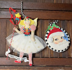 Pair of Vintage Fabric Plush Christmas Ornaments Santa & Fairy