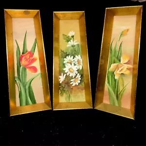 3 handbemalte Gemälde Blumen Gold 3 D gerahmt MCM Retro Gänseblümchen Narzisse Tulpe - Bild 1 von 14