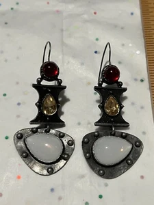 NEW Modern Industrial Steampunk White, Red, Amber Gemstone Earrings 2x1 - Picture 1 of 7