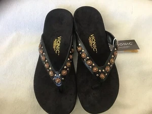 Vionic Floriana Womens 10 41 Black Printed Beaded Sandals Flip Flops Flats Shoes - Picture 1 of 8