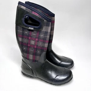 Bogs Waterproof Rain Boots Women’s 8 Black Neo Tech Hampton Plaid Tall Rubber - Picture 1 of 12