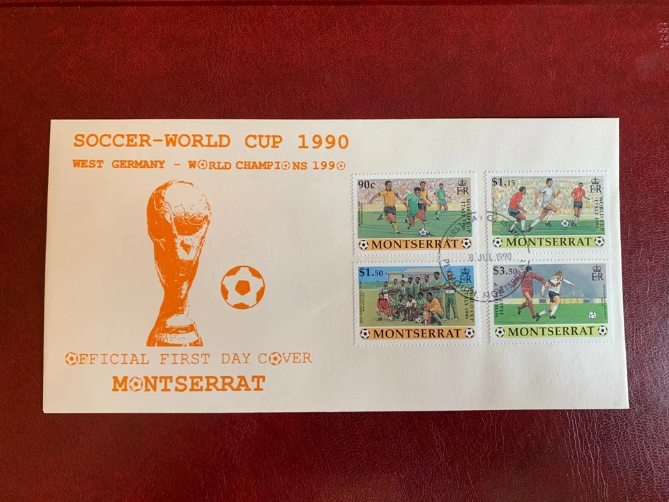 MONTSERRAT 1990 FDC FOOTBALL ANTIGUA USA TRINIDAD WEST GERMANY WALES  - Image 1 of 1