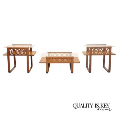 Vintage Art Deco Mid Century Mahogany & Glass Coffee Table Set by Superior 3 Pc - Image 1 of 4