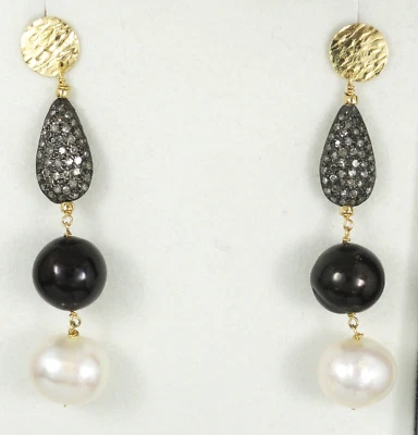 DAZZLING SOLID 18K GOLD w/ 0.8 TCW DIAMOND & BLACK PEARL DANGLE EARRINGS ~ 2" - Image 1 of 4