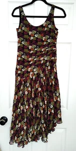 90s Vtg Jones New York Midi Silk Dress 6P Black Green Purple Cream Drop Waist - Picture 1 of 8