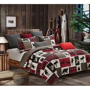 Virah Bella Lodge Life Moose Patchwork Rustic Quilt & Sham Set, Twin Bed 2 Piece - Picture 1 of 3