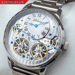 Mens Double Flywheel Automatic Mechanical Watch Silver White Stainless Steel - Picture 1 of 13