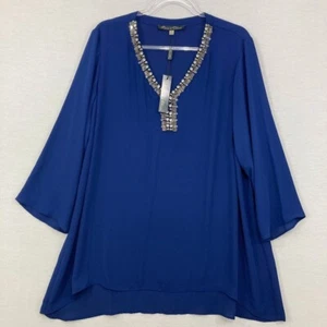 New Rose & Olive 2X Blue V Neck Embellished 3/4 Sleeve Soft Flowy Tunic Event - Picture 1 of 9