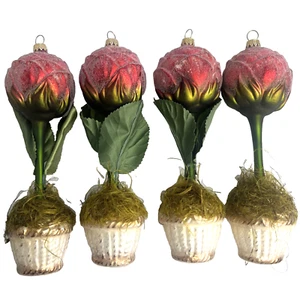 Vintage German Hand Blown Glass Topiary Christmas Tree Peony Flower Ornaments - Picture 1 of 6
