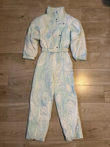 Vintage Luhta Skianzug Damen Größe 8 weiß grün blau silber Gürtel & Reißverschluss Knöchel - Bild 1 von 22