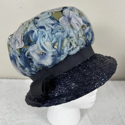 De Colección Años 50 60 Kutz Azul Floral Red Burbuja Sombrero Borde Estilo Paja, Damas Talla Pequeña Foto 1 de 4