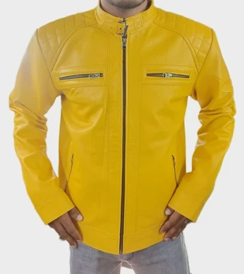 SINIYOR LEATHER Men's Quilted Biker Jacket Genuine Lambskin Motorcycle Slim Fit - Image 1 of 4