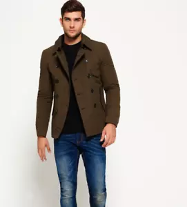 Superdry Blockade Aviator Pea Coat Mens XLarge Green Extra Slim Fit New - Picture 1 of 16
